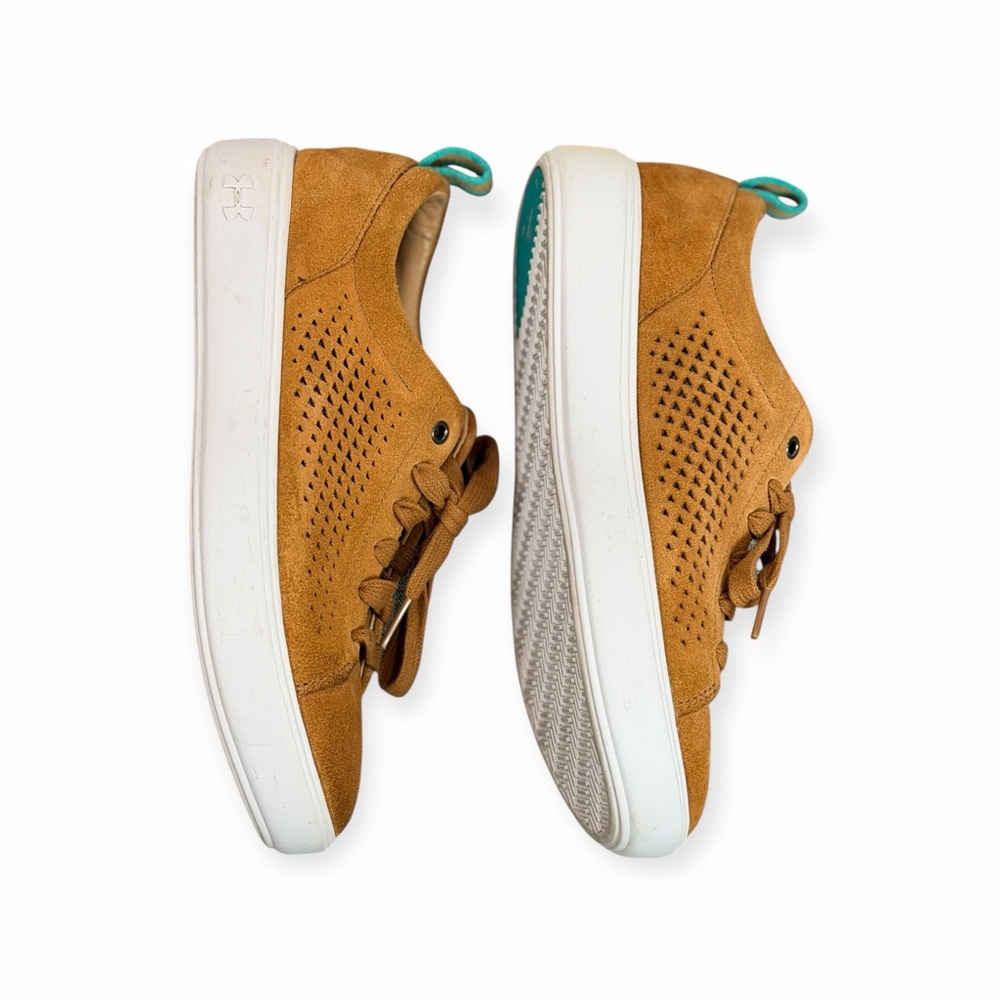 Under Armour Suede Sneakers Tan Caramel Teal Accent Lace Up Size 8 US 5.5 UK - Picture 2 of 7